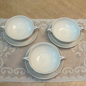 Wedgewood Etrunia Embossed Queensware CreamSoup Bowl And Saucers (3 Sets)